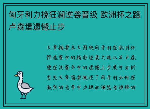 匈牙利力挽狂澜逆袭晋级 欧洲杯之路卢森堡遗憾止步