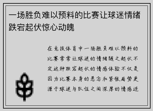 一场胜负难以预料的比赛让球迷情绪跌宕起伏惊心动魄