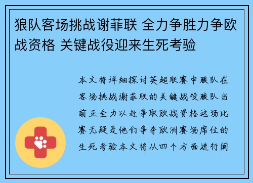 狼队客场挑战谢菲联 全力争胜力争欧战资格 关键战役迎来生死考验