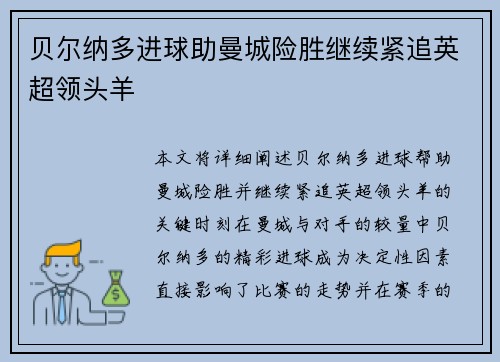 贝尔纳多进球助曼城险胜继续紧追英超领头羊